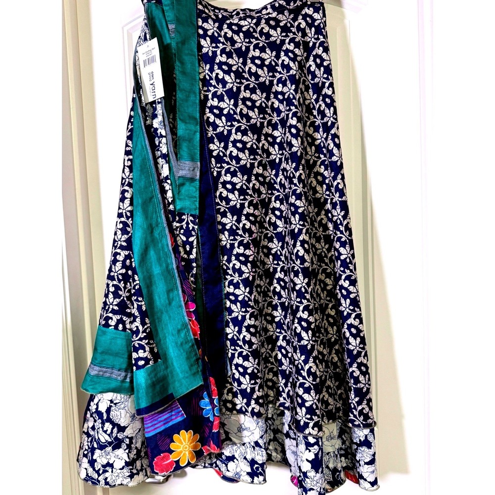Darn Good Yarn Sari Silk Wrap Skirt Ankle XL 14-20 Navy Teal Floral Reversible